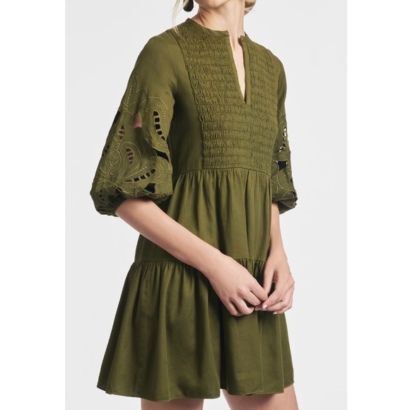NWT Sachin and Babi Kendall Twill Dress Olive Green Flounce Mini Smocked Eyelet - Picture 4 of 5